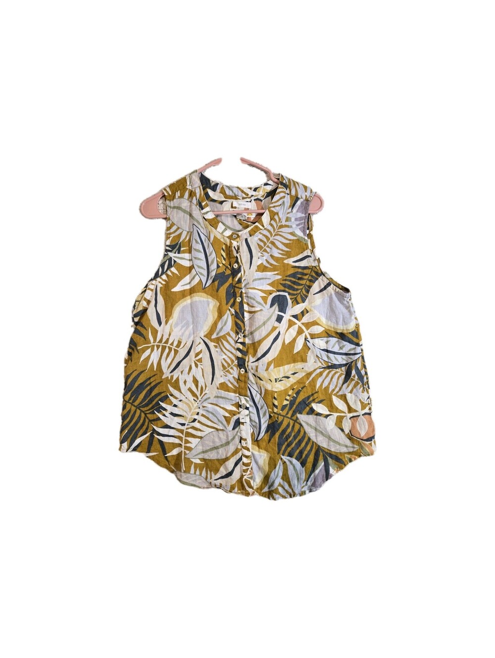 C & C CALIFORNIA Linen Sleeveless Tropical Leaf Print  Size L Beachy Coastal